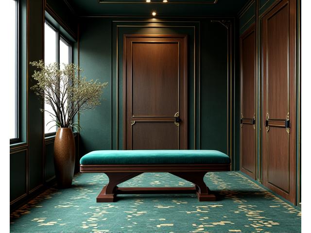 Art Deco inspired home gym with geometric patterns, luxurious materials, and vintage-style fitness equipment